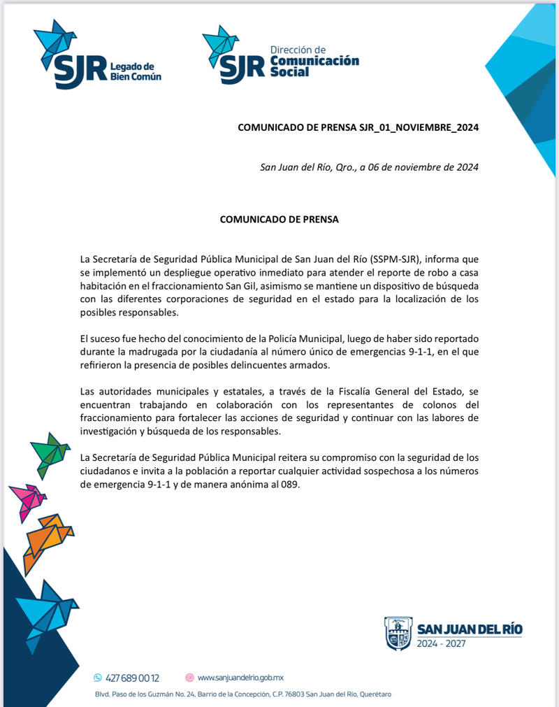 Secretaria de Seguridad Publica del Municipal de San Juan del Río, informa sobre lo sucedido en el Fraccio