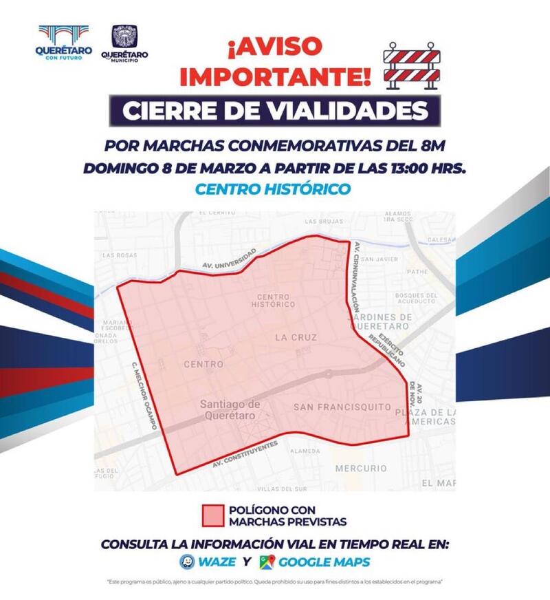 Anuncian cierres viales en el Centro Histórico por marchas del 8 de marzo