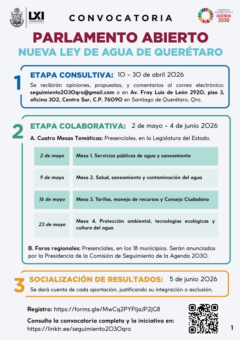 Convocan a Parlamento Abierto para enriquecer la Ley de Agua en Querétaro