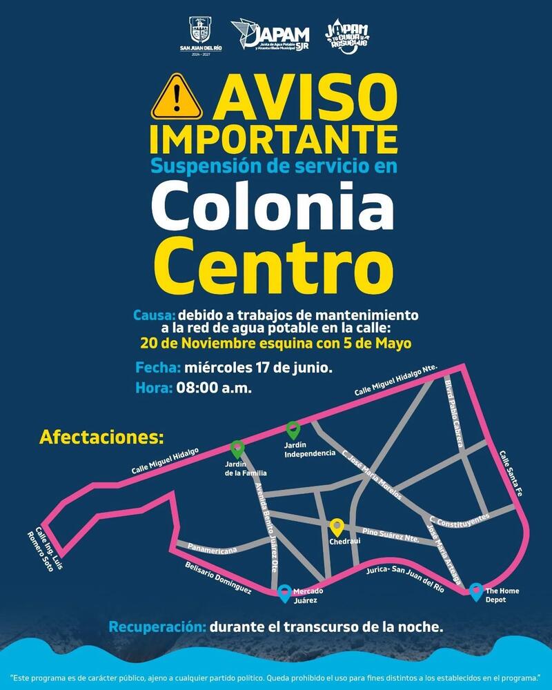 Suspensión temporal del servicio de agua potable en la Colonia Centro Suspensión temporal del servicio de agua potable en la Colonia Centro