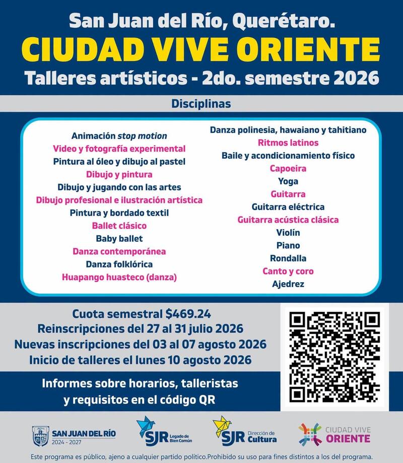 Anuncian inscripciones y reinscripciones para talleres de Casa de Cultura y Ciudad Vive Oriente en San Juan del Río