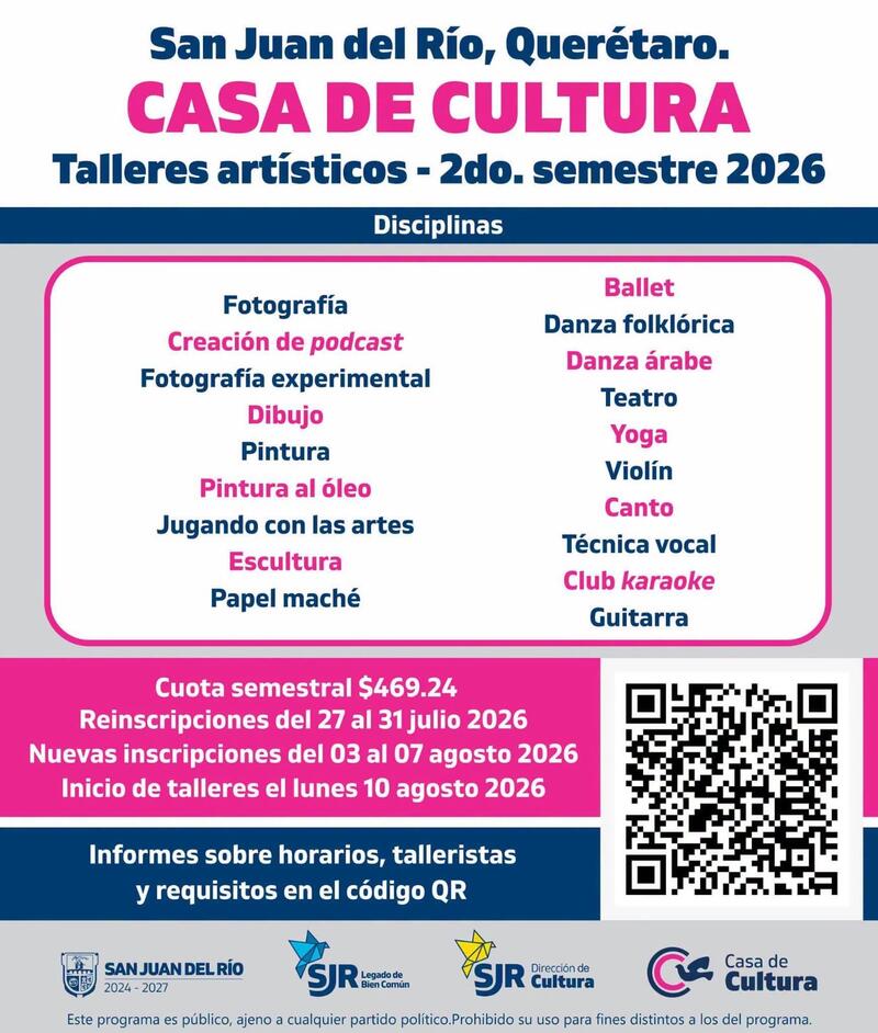 Anuncian inscripciones y reinscripciones para talleres de Casa de Cultura y Ciudad Vive Oriente en San Juan del Río Anuncian inscripciones y reinscripciones para talleres de Casa de Cultura y Ciudad Vive Oriente en San Juan del Río