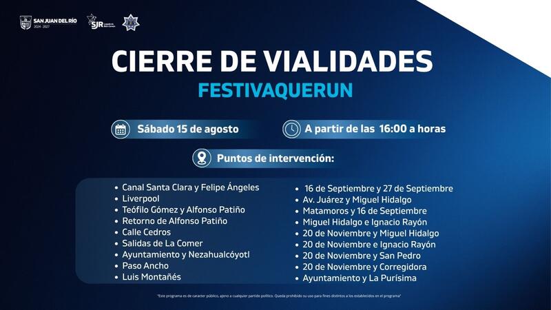 AVISO VIAL: HABRÁ CIERRES DE CALLES POR EL FESTIVAQUERUN EN SAN JUAN DEL RÍO Borrador automático