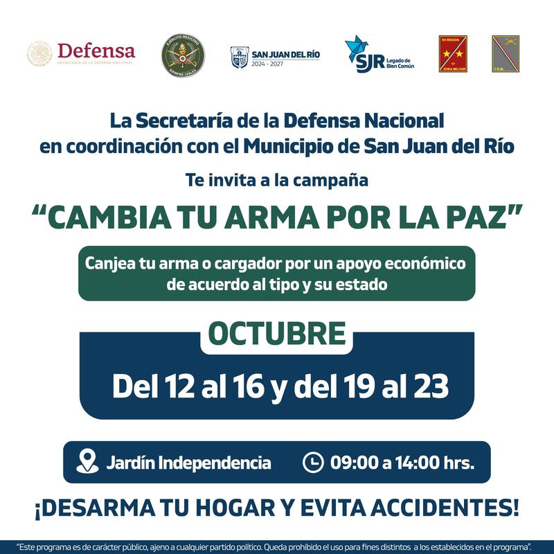 Anuncian campaña de canje de armas por dinero en San Juan del Río Borrador automático